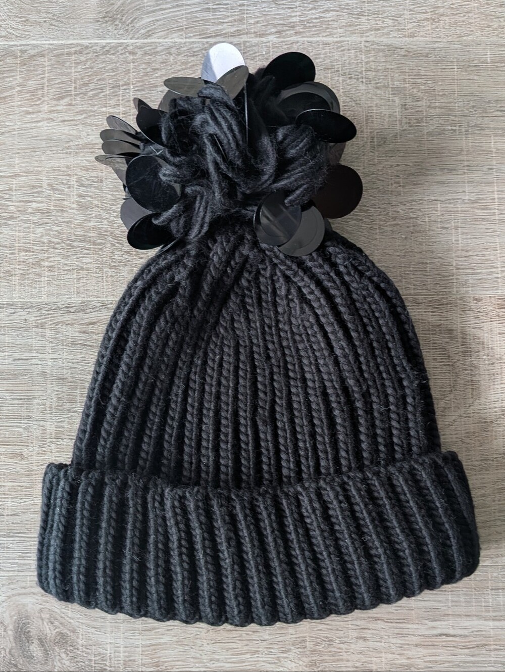 TopShop Black Knit Large Sequins Pompom Hat